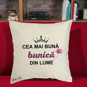 Cadou pentru Bunica - Perna Personalizata Cea Mai Buna Bunica Din Lume Coroana Mov Floare Roz, 40x40 cm, Ecru, Husa Detasabila, Perna Inclusa, BEKZ®