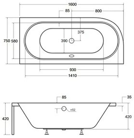 Cada asimetrica Besco Avita 160x75 cm alb lucios cu montaj dreapta