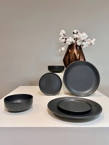 Set Farfurii 3 piese Vulcano Duo, Ceramica Negru Mat Glazurat Manual ( Farfurie Atena 30cm, Farfurie Mica Ceramica 20 cm, Bol Ceramica 4050)