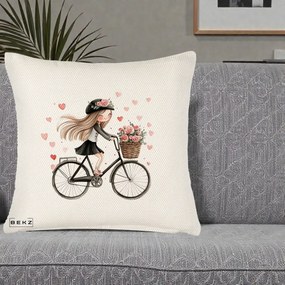 Perna Decorativa Fetita Kawaii pe Bicicleta cu Trandafiri si Inimioare, 40x40 cm, Crem Reliefat, Husa Detasabila, Perna Inclusa, BEKZ®
