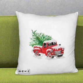 Perna Decorativa Camioneta Rosie Brad de Craciun, 40x40 cm, Alb Pufos, Husa Detasabila, Perna Inclusa, BEKZ®