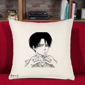 Perna Personalizata Levi Ackerman Inima, 40x40 cm, Crem Reliefat, Husa Detasabila, Perna Inclusa, BEKZ®