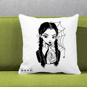 Perna Personalizata Wednesday cu Panza de Paianjen, 40x40 cm, Alba Mata, Husa Detasabila, Perna Inclusa, BEKZ®