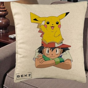 Perna Personalizata Ash si Pikachu, 40x40 cm, Bej, Husa Detasabila, Perna Inclusa, BEKZ®