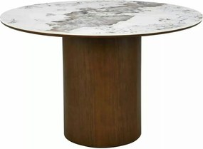 Masă RONDO, alb lucios/nuc, ceramică/furnir/MDF, Ø120x76 cm