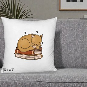 Perna Decorativa Pisica Adormita pe Carti, 40x40 cm, Alb Pufos, Husa Detasabila, Perna Inclusa, BEKZ®