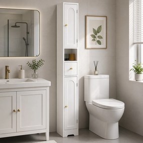 HOMCOM Dulap de baie îngust cu sertar uși arcuite compartiment deschis raft reglabil 20x20x185 cm Alb | Aosom Romania
