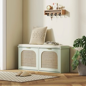 HOMCOM Bancă pentru încălțăminte, banc de depozitare, șezut căptușit, sertare rabatabile, ușă din ratan, 104 x 26 x 47,5 cm, verde | Aosom Romania