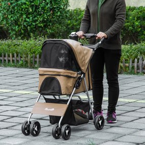 PawHut Cărucior Pliant pentru Câini cu  Suport pentru Pahare, Coș de Depozitare și 3 Ferestre, 75x46x94 cm, Maro | Aosom Romania