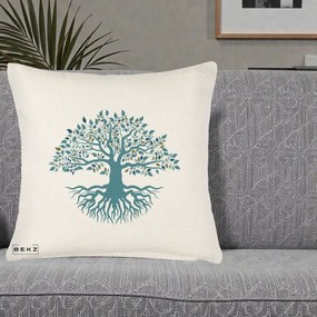 Perna Decorativa Copacul Vietii Teal cu Radacini, 40x40 cm, Crem Reliefat, Husa Detasabila, Perna Inclusa, BEKZ®