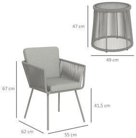 Outsunny Set Mobilier de Grădina cu 2 Scaune și Măsuță de Cafea cu Blat din Sticlă, Ø49x47 cm, Gri | Aosom Romania