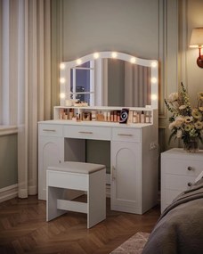 SEA487 - Set Masa toaleta alba, 108 cm cosmetica machiaj, oglinda cu LED, scaun tapitat, masuta vanity cu Priza si USB si Manere Aurii