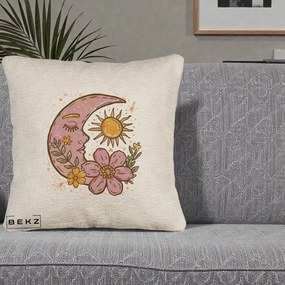 Perna Personalizata Luna si Soare Floral Boho, 40x40 cm, Bej Canapea, Husa Detasabila, Perna Inclusa, BEKZ®