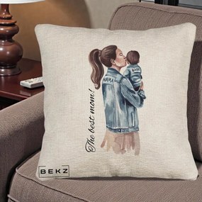 Cadou pentru Mama - Perna Personalizata The Best Mom Jachete, 40x40 cm, Bej Canapea, Husa Detasabila, Perna Inclusa, BEKZ®