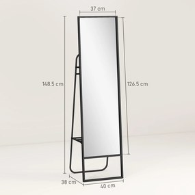 HOMCOM Oglindă pe Picior 148,5 x 40 cm dreptunghiulară cu raft din spate, 2 cârlige și cadru metalic, neagră | Aosom Romania