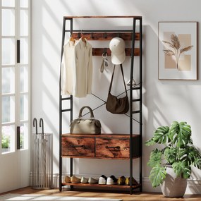 HOMCOM Mobilier de intrare 6 în 1 cuier bară pentru haine raft 2 sertare 10 cârlige 80 x 30 x 180 cm maro rustic | Aosom Romania