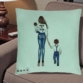 Cadou pentru Mama - Perna Personalizata Mom of Boys Mama cu Baietii, 40x40 cm, Verde Menta, Husa Detasabila, Perna Inclusa, BEKZ®