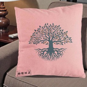 Perna Decorativa Copacul Vietii Teal cu Radacini, 40x40 cm, Roz, Husa Detasabila, Perna Inclusa, BEKZ®