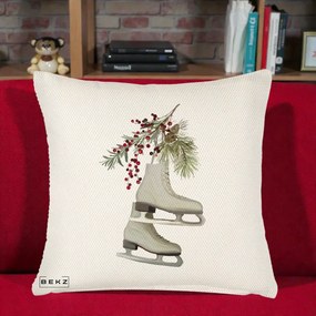 Perna Decorativa Patine cu Ramuri de Brad si Afine, 40x40 cm, Crem Reliefat, Husa Detasabila, Perna Inclusa, BEKZ®