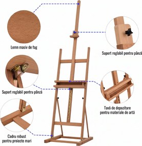 Vinsetto Sevalet Pictura Mare din Lemn de Fag, Sevalet  pentru Desen Reglabil cu Compartiment Depozitare, 53x50.5x171-230cm | Aosom Romania