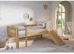 Pat Semi-Înălțat (Mid-Sleeper) cu Tobogan și Scară Forrest Oak pentru Camera Copii, 90x200 cm, din Lemn Masiv de Stejar, Natur – Vipack