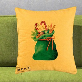 Perna Decorativa Saculet Cadouri Mos Craciun Acuarela Verde, 40x40 cm, Galben, Husa Detasabila, Perna Inclusa, BEKZ®