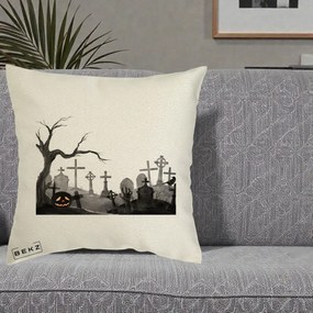 Perna Decorativa Halloween Cimitir Acuarela cu Dovleac, 40x40 cm, Ecru, Husa Detasabila, Perna Inclusa, BEKZ®