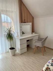 Masuta machiaj cu Oglinda LED si 7 Sertare pentru Cosmetice, Set Masa toaleta 120 cm, Alb, masuta cosmetica, vanity - SEA516