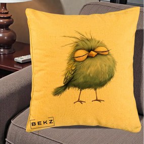 Perna Decorativa Pasare Teal Adormita cu Ochi Galbeni, 40x40 cm, Galben, Husa Detasabila, Perna Inclusa, BEKZ®
