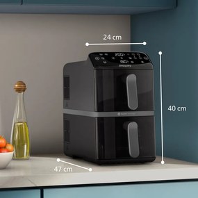 Friteuza verticala dubla cu aer cald Philips Dual Stack 4000 NA460/00, 2750 W, 10 l, 13 programe, 40-220°C, Sincronizare, Acoperire ceramică fara PFAS, Fereastra, Negru