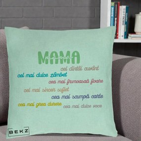 Cadou pentru Mama - Perna Personalizata Mama Cel Dintai Cuvant cu Text Colorat Multicolor, 40x40 cm, Verde Menta, Husa Detasabila, Perna Inclusa, BEKZ®