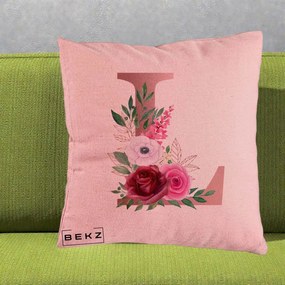 Cadou Personalizat - Perna Personalizata Monograma Rose Gold Litera L, 40x40 cm, Roz, Husa Detasabila, Perna Inclusa, BEKZ®