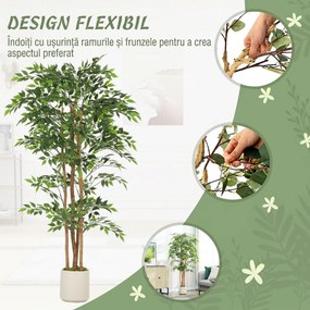 HOMCOM Plantă artificială Ficus Banyan din PEVA și lemn, cu ramuri flexibile și ghiveci din PP și ciment | Aosom Romania