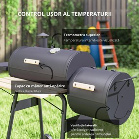 Outsunny Gratar de gradina cu capac si afumator, gratar pe carbune cu rafturi si roti 124x53x104cm, negru | AOSOM RO