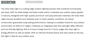 Aplica LED solara de exterior cu senzor de miscare IP54 Solar