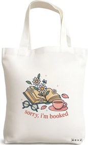 Sacosa de Panza pentru Cumparaturi, Geanta Tote, model Sorry I'm Booked, 38 x 34.5 cm, Alba, BEKZ®