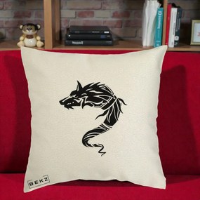 Perna Decorativa Lup Tribal Alb-Negru, 40x40 cm, Ecru, Husa Detasabila, Perna Inclusa, BEKZ®
