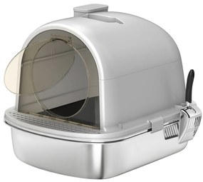 PawHut Litieră pentru Pisici din Oțel Inoxidabil cu Capac Sac Deodorizant Lopată Ușor de Curățat 52,4x41,3x39,9 cm Gri | Aosom Romania