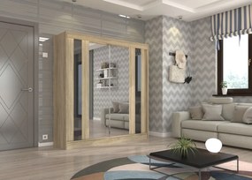 Dulap cu usi glisante si oglinda 200x215 cm, Keita, ADRK Furniture (Culoare: Craft / Negru Lacobel)