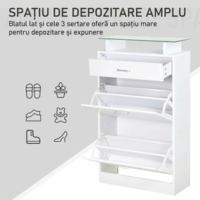 HOMCOM Dulap pentru Pantofi cu 2 Uși pe 2 Niveluri, Sertar și Raft din Sticlă, Dulap pentru Pantofi, 60x24x105,5 cm, Alb | Aosom Romania