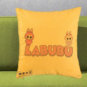 Perna Personalizata Labubu Duo Roz-Lila cu Text, 40x40 cm, Galben, Husa Detasabila, Perna Inclusa, BEKZ®
