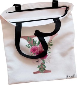 Sacosa de Panza pentru Cumparaturi, Geanta Tote, Cu litera Y Rose Gold si Trandafiri, Cu fermoar, 38x34.5 cm, Alba, BEKZ®