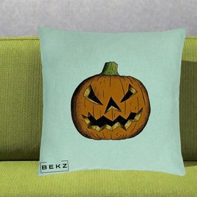 Perna Decorativa Halloween Dovleac Portocaliu Clasic, 40x40 cm, Verde Menta, Husa Detasabila, Perna Inclusa, BEKZ®