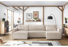 Colțar bej extensibil cu tapițerie din catifea reiată (în formă de "U") Nihad – Bobochic Paris