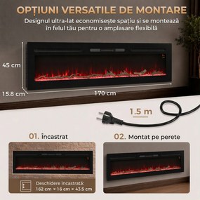 HOMCOM Șemineu electric de 170 cm, încastrabil sau de perete, 1500 W, timer 24 ore, flacără reglabilă, cristale | Aosom Romania