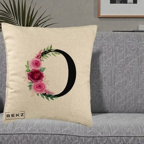 Cadou Personalizat - Perna Personalizata Monograma Florala Litera O, 40x40 cm, Bej, Husa Detasabila, Perna Inclusa, BEKZ®