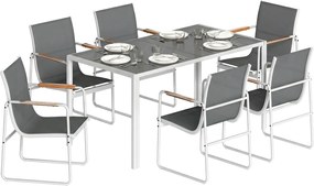 Outsunny Set masă și scaune pentru grădină cu masă din sticlă securizată și 6 scaune respirabile pentru terasă/patio Alb și Gri | Aosom Romania