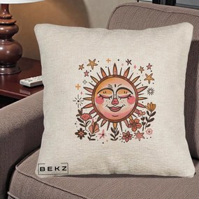 Perna Decorativa Soare Retro Boho Floral, 40x40 cm, Bej Canapea, Husa Detasabila, Perna Inclusa, BEKZ®