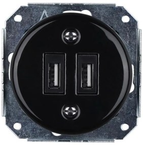 Bohemia-Design - Priză retro din porțelan, fără ramă, 2x USB-A pentru încărcare, neagră