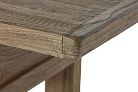Consolă din lemn masiv de ulm, natur, blat lung, 4 sertare cu mânere metalice, picioare drepte cu traverse, finisaj natural, 85 x 200 x 42 cm,